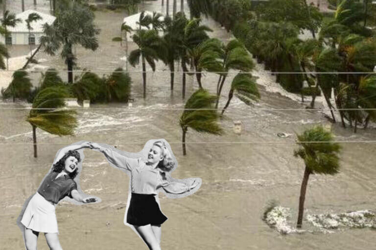 Foto promocional de l’obra ‘Extintion rave’. Una imatge d’estil collage formada amb una imatge de fons d’una inundació i enganxada a sobre la foto en blanc i negre de dues dones joves ballant.