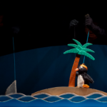 Un titellaire manipula un pingüí que es troba a la vora d'una illa de palmeres, mentre un altre titellaire manipula un tauró, veiem l'aleta sobresortir de l'aigua.