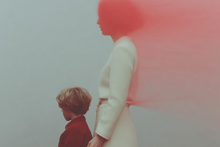 Foto promocional de l’obra ‘Perfectament imperfecta’. Sobre un fons de color turquesa, dues figures de perfil, al davant un nen amb cabells arrissats i al darrere una dona amb un filtre vermell que deixa un estel de feixos de llum vermella.