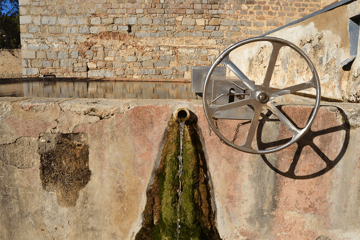 Primer pla d'una font de pedra antiga: un broc central deixa caure un petit raig d'aigua sobre una superfície humida amb molsa verda. A la dreta, una roda metàl·lica gran forma part del mecanisme de la font. Al fons, un mur de pedra irregular amb restes d'un arc de maó suggereix un entorn històric o patrimonial.