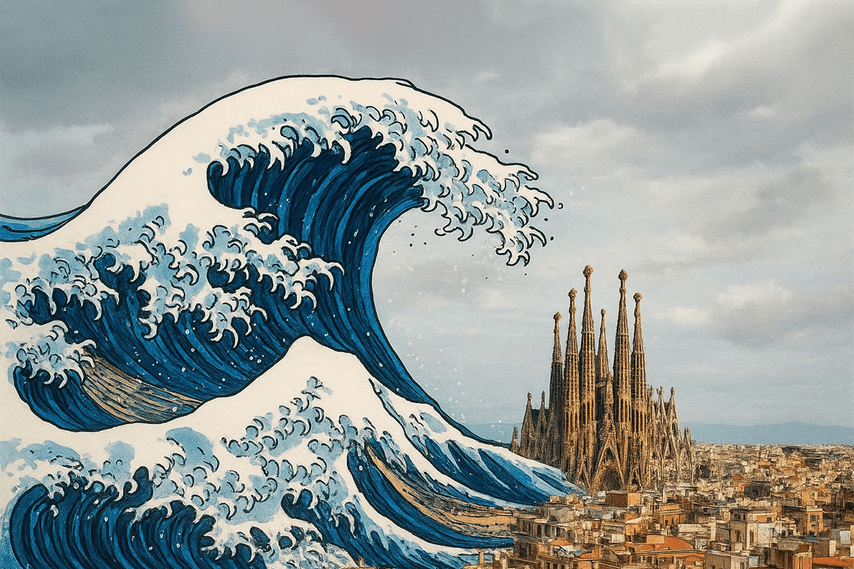 Foto promocional de Punt de no retorn. Collage que combina una il·lustració d'una gran onada a l'estil japonès amb una fotografia real de la Sagrada Família i l'skyline de Barcelona.